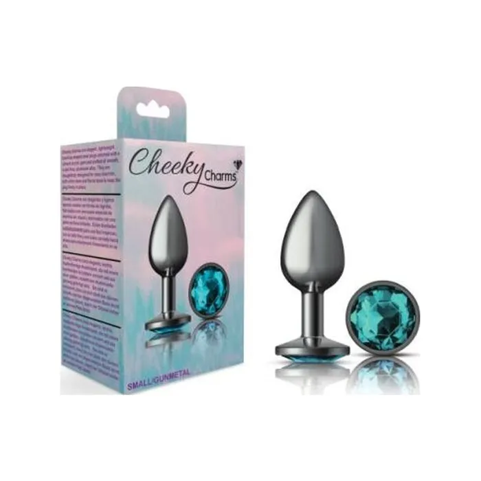 Anal Cheeky Charms Gunmetal Round Butt Plug w Teal Jewel Small Vibrant Vibes Australia Quality Sex Toys Great Prices