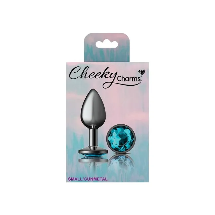 Anal Cheeky Charms Gunmetal Round Butt Plug w Teal Jewel Small Vibrant Vibes Australia Quality Sex Toys Great Prices